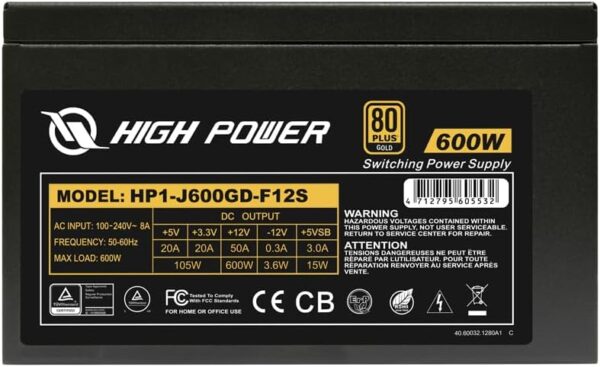 High Power 600W 80+ Gold Gaming Power Supply HP1-J600GD-F12S