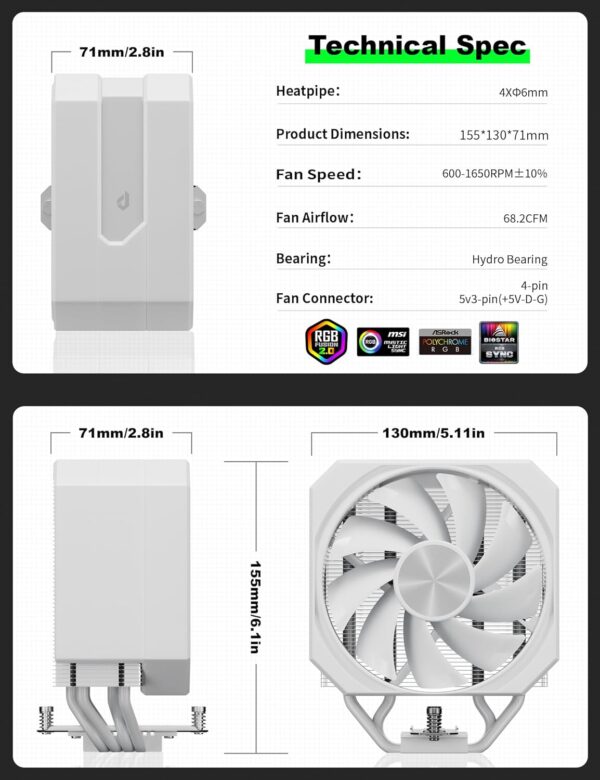 upHere UP1TC4 ARGB PWM Fans Intel LGA 1700 & AMD AM5 CPU Air Cooler