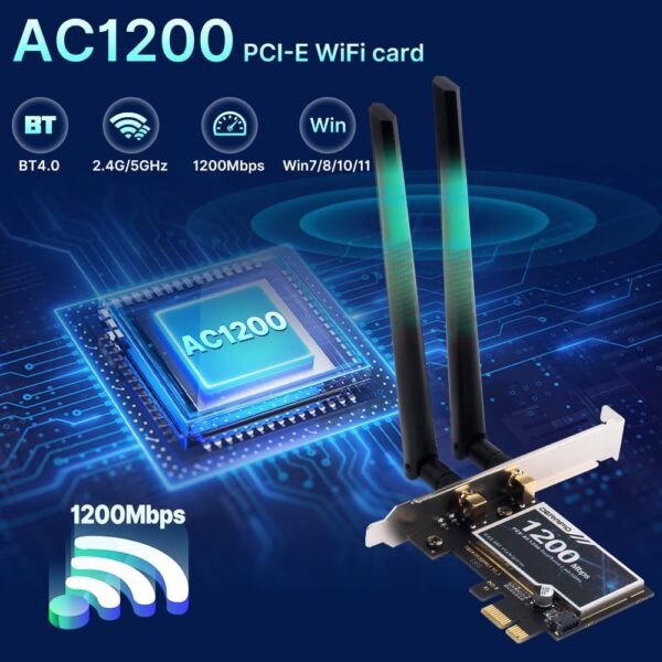AC1200 PCIe WiFi Card for Gaming Desktop PC Bluetooth Dual Band Wireless Network Card For Gaming and Streaming