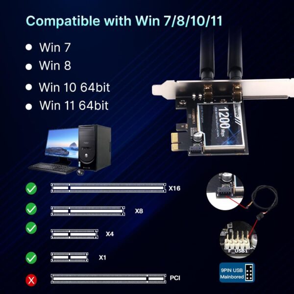 AC1200 PCIe WiFi Card for Gaming Desktop PC Bluetooth Dual Band Wireless Network Card For Gaming and Streaming