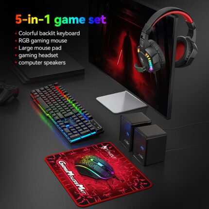 T-WOLF TF880 5IN1 Wired Gaming Keyboard Mouse Mousepad Headset Headphones Speaker Combos Set 104 Keys Gaming Keyboard Set for Pc