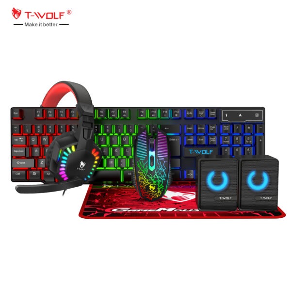 T-WOLF TF880 5IN1 Wired Gaming Keyboard Mouse Mousepad Headset Headphones Speaker Combos Set 104 Keys Gaming Keyboard Set for Pc