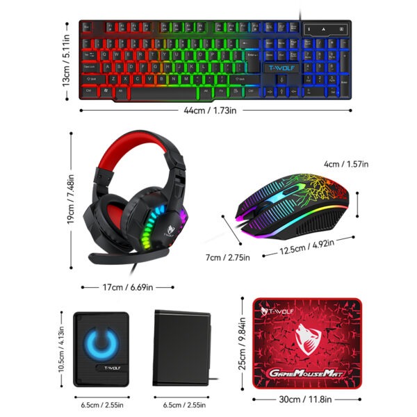 T-WOLF TF880 5IN1 Wired Gaming Keyboard Mouse Mousepad Headset Headphones Speaker Combos Set 104 Keys Gaming Keyboard Set for Pc