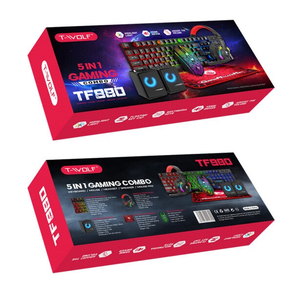 T-WOLF TF880 5IN1 Wired Gaming Keyboard Mouse Mousepad Headset Headphones Speaker Combos Set 104 Keys Gaming Keyboard Set for Pc