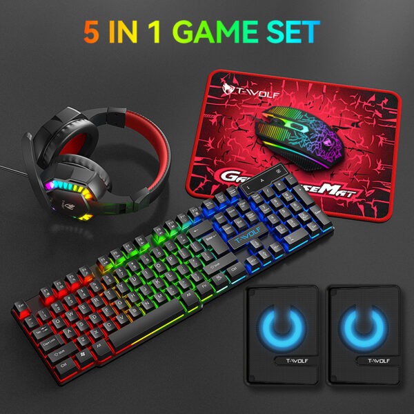 T-WOLF TF880 5IN1 Wired Gaming Keyboard Mouse Mousepad Headset Headphones Speaker Combos Set 104 Keys Gaming Keyboard Set for Pc