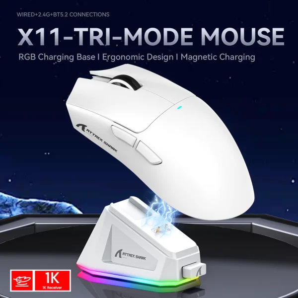 ATTACK SHARK X11 Lightweight Wireless Gaming Mouse with RGB Charging Dock,Tri-Mode-2.4G/USB-C Wired/BT,22K DPI for PC/Mac