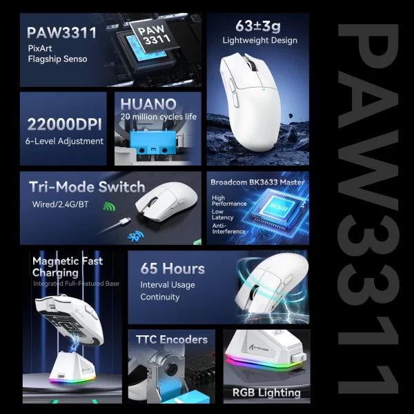 ATTACK SHARK X11 Lightweight Wireless Gaming Mouse with RGB Charging Dock,Tri-Mode-2.4G/USB-C Wired/BT,22K DPI for PC/Mac