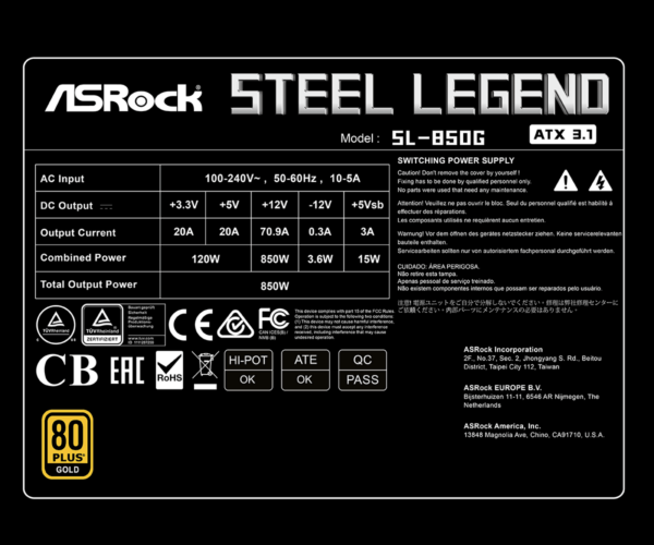 ASRock SL-850G 850 Watt 80 Plus Gold ATX 3.1 Fully Modular Power Supply.