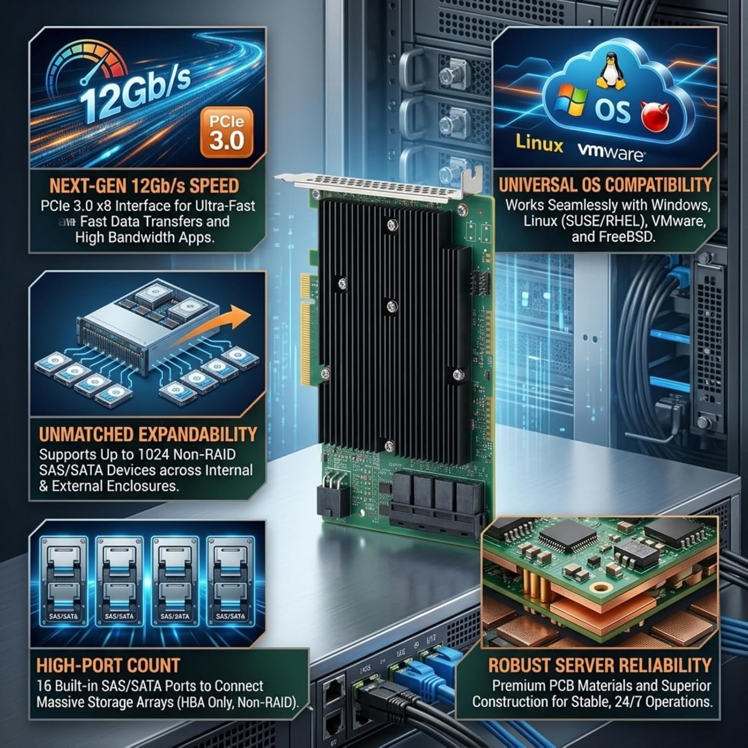 LSI 9300-16i 16-Port 12Gb/s SAS Controller HBA Card with P16 IT Mode for ZFS TrueNAS unRAID